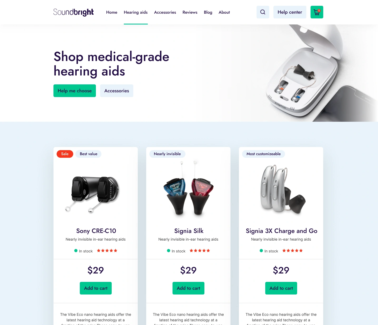 Soundbright project screenshot - D2C Ecommerce Platform - Hearing Aid Brand featuring UX Design, Project Management, Shopify
